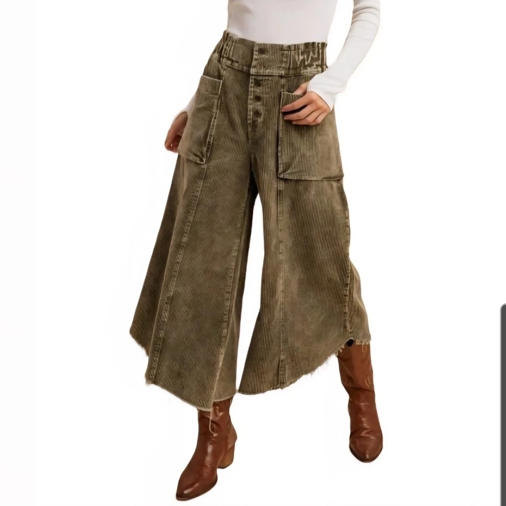 Anniewear Corduroy Ultra Wide Leg Pants Angled Cut Grunge Skater Boho Sm Green